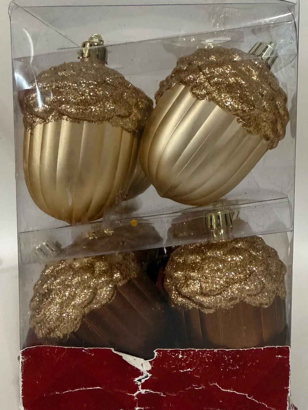Set of 8 Holiday Living Champagne Gold & Copper Ribbed Glass Acorn Ornament Set